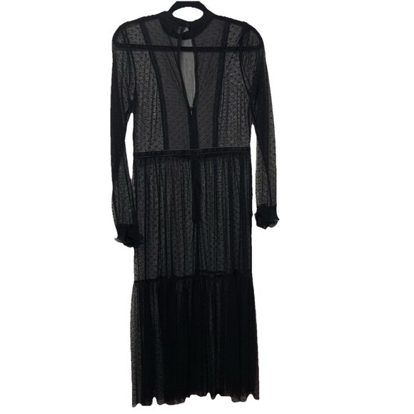 Sheer Maxi Dress Size S Goth Romantic Gown Club Witchy Sexy Ruffle Cuffs Mesh - Picture 1 of 9